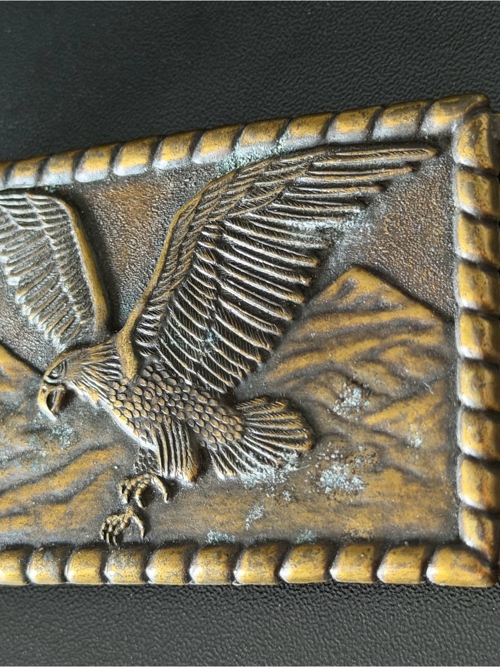 Vintage Bald Eagle Belt Buckle Mountain Scene Western Americana Antique Gold